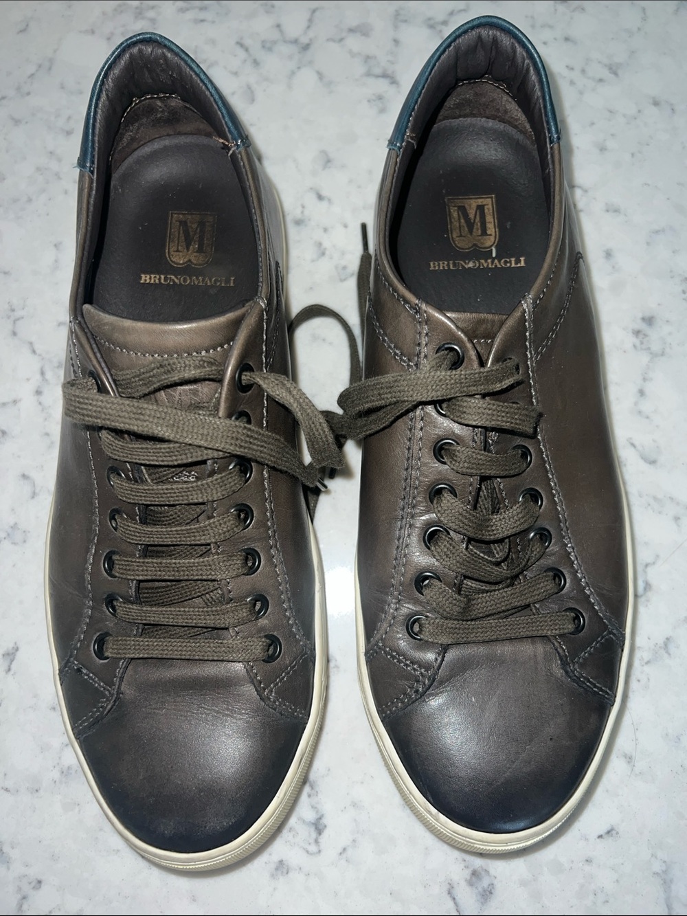Bruno Magli Men's Dark Olive/Brown Leather Low-Top Sneakers